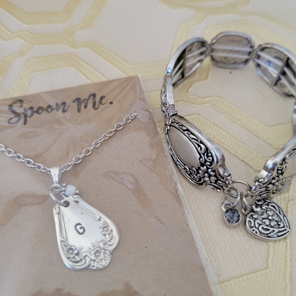 Spoon Handle look "G" Initial Necklave and Spoon Handle look Bracelet in Silver